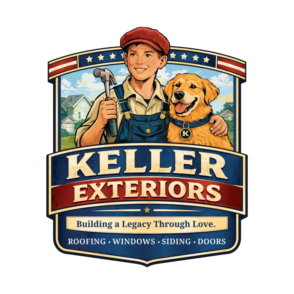 Logo for Keller Exteriors featuring a boy with a hammer and a dog.