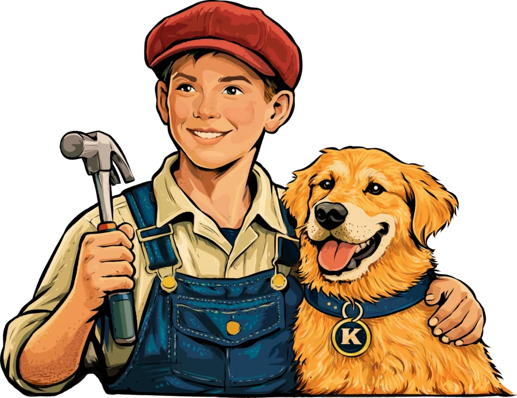 Smiling child in overalls holding a hammer with a golden retriever wearing a "K" tag.